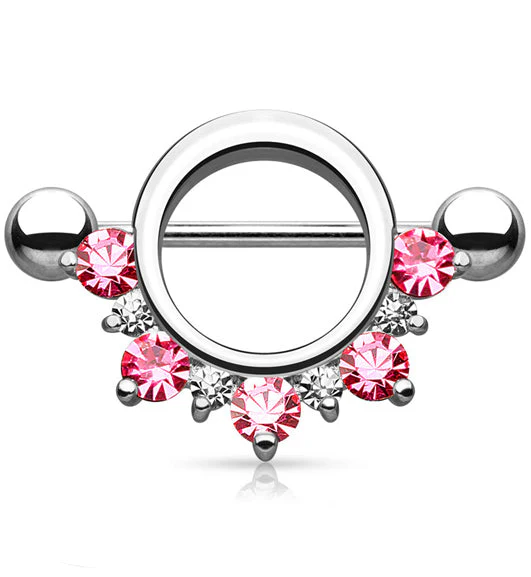 14G Circular Pink CZ Rim Barbell Nipple Ring Shield