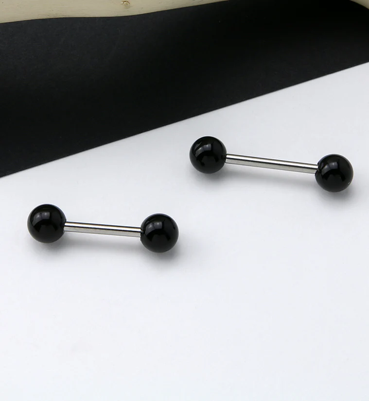 14G Double Black Agate Stone Stainless Steel Barbell - Image 2