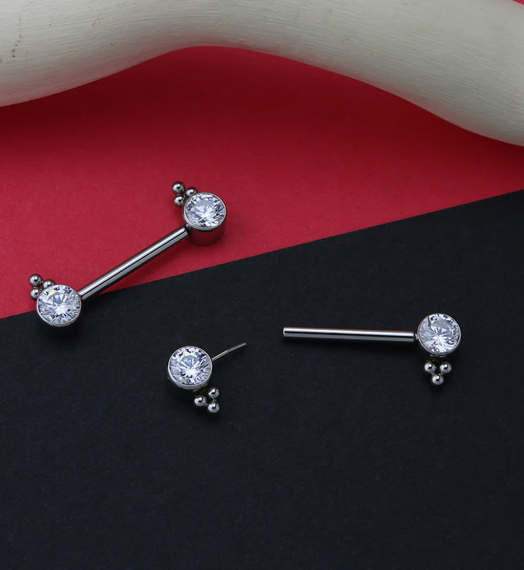 14G Double Drop Bead CZ Threadless Titanium Nipple Ring Barbell - Image 2