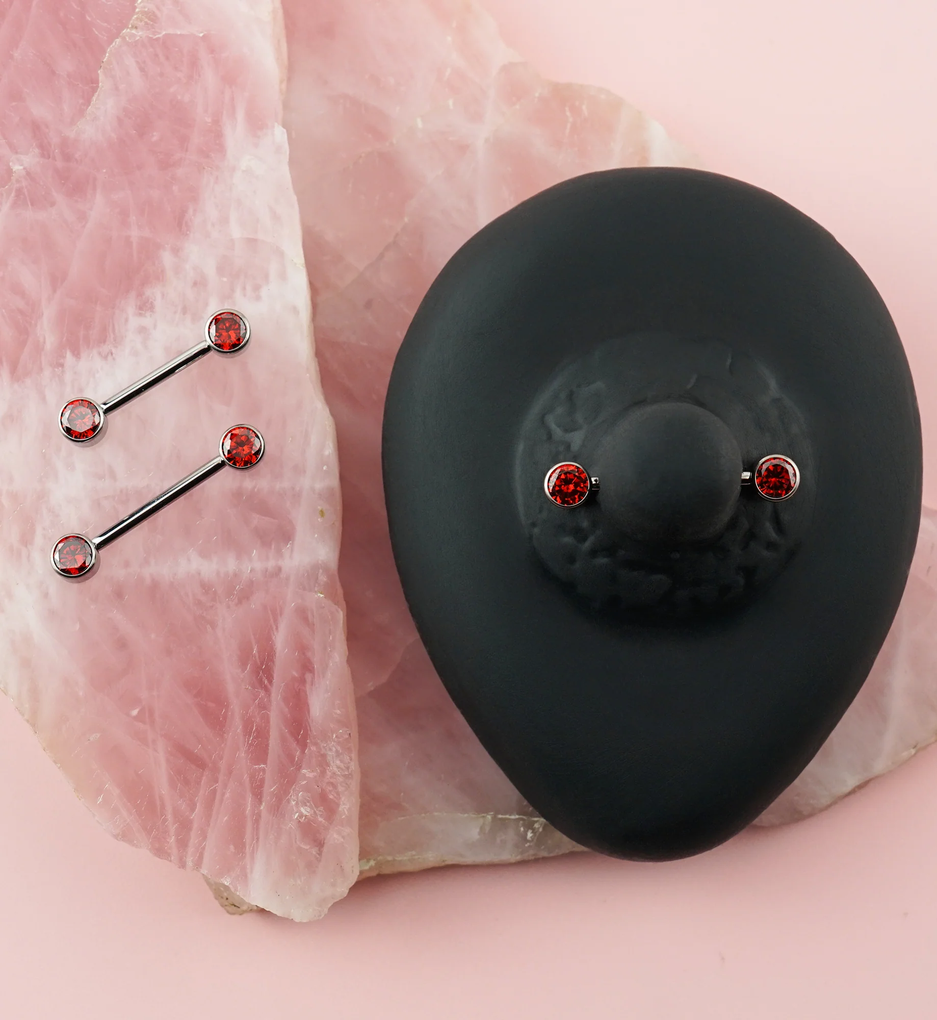 Bezel Set Garnet CZ Titanium Internally Threaded Nipple Barbells - Image 2