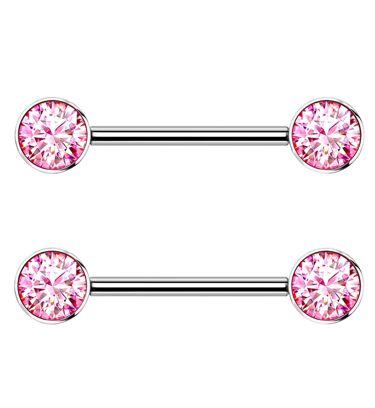 14G Double Pink CZ Titanium Nipple Ring Barbell