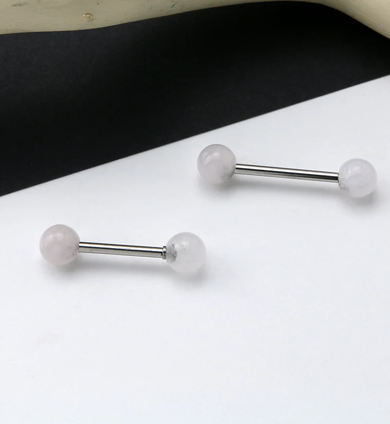 14G Double Rose Quartz Stone Stainless Steel Barbell - Image 2