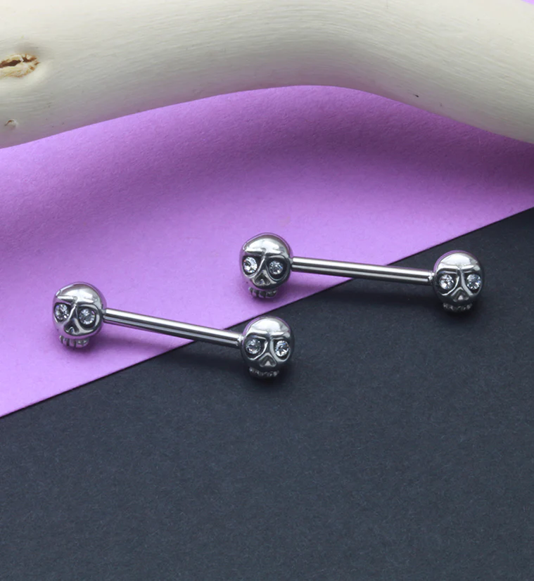 14G Double Skull Gem Nipple Ring Barbell - Image 2