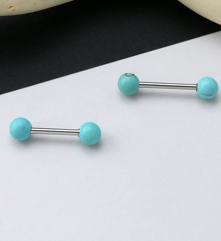 14G Double Turquoise Howlite Stone Stainless Steel Barbell - Image 2
