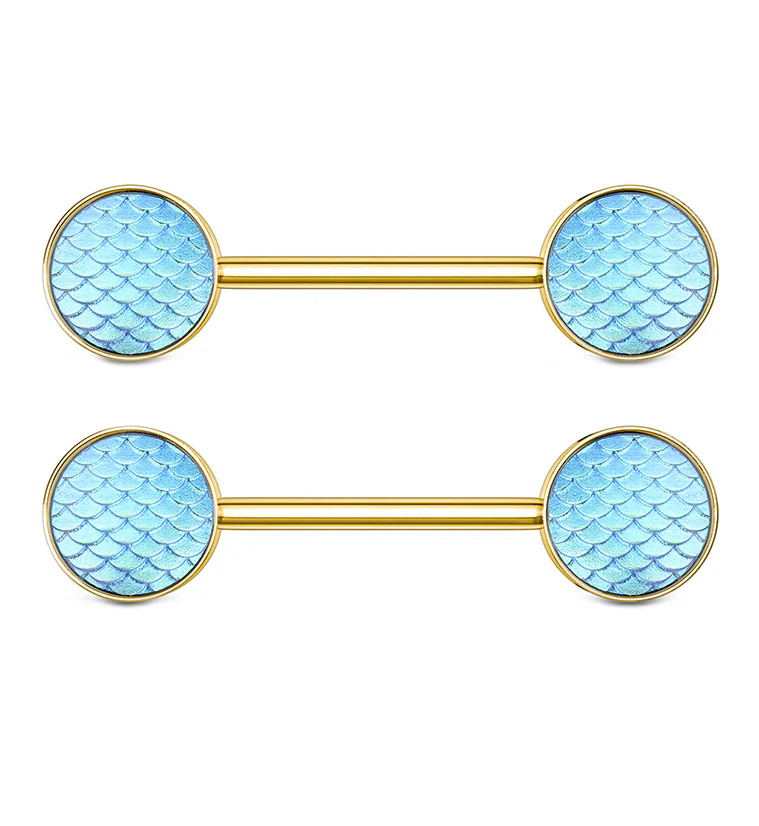 14G Gold PVD Aqua Mermaid Scale Nipple Ring Barbell