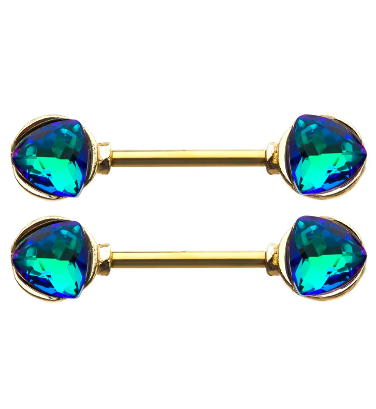 14G Gold PVD Trine Teal CZ Nipple Ring Barbell