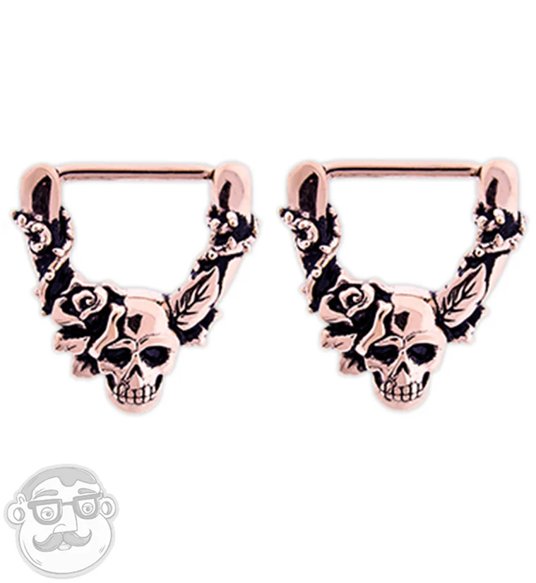 14G Rose Gold PVD Skull & Roses Nipple Clicker