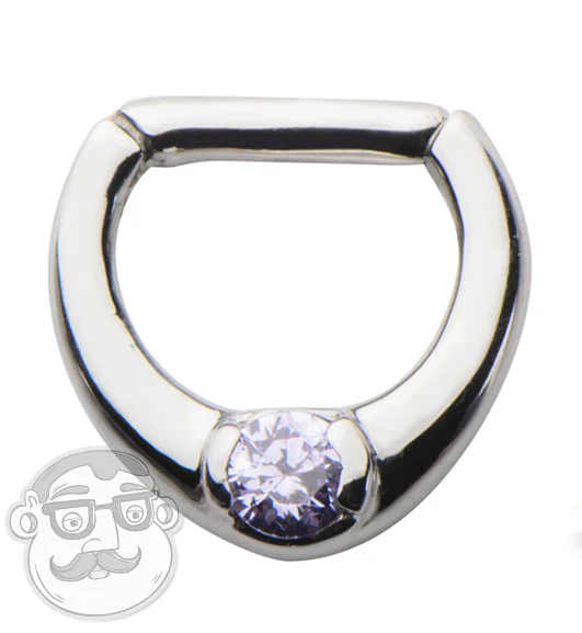 14G Stainless Steel Septum Clicker With Single Purple CZ - Image 3
