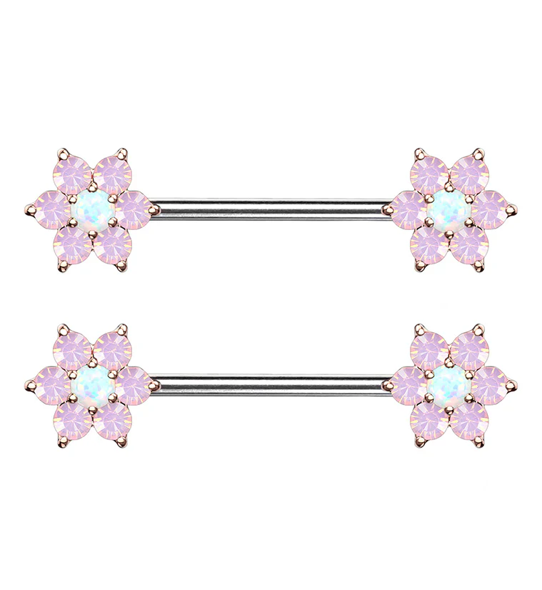 14G White & Pink Opalite Rose Gold Flower Nipple Ring Barbell