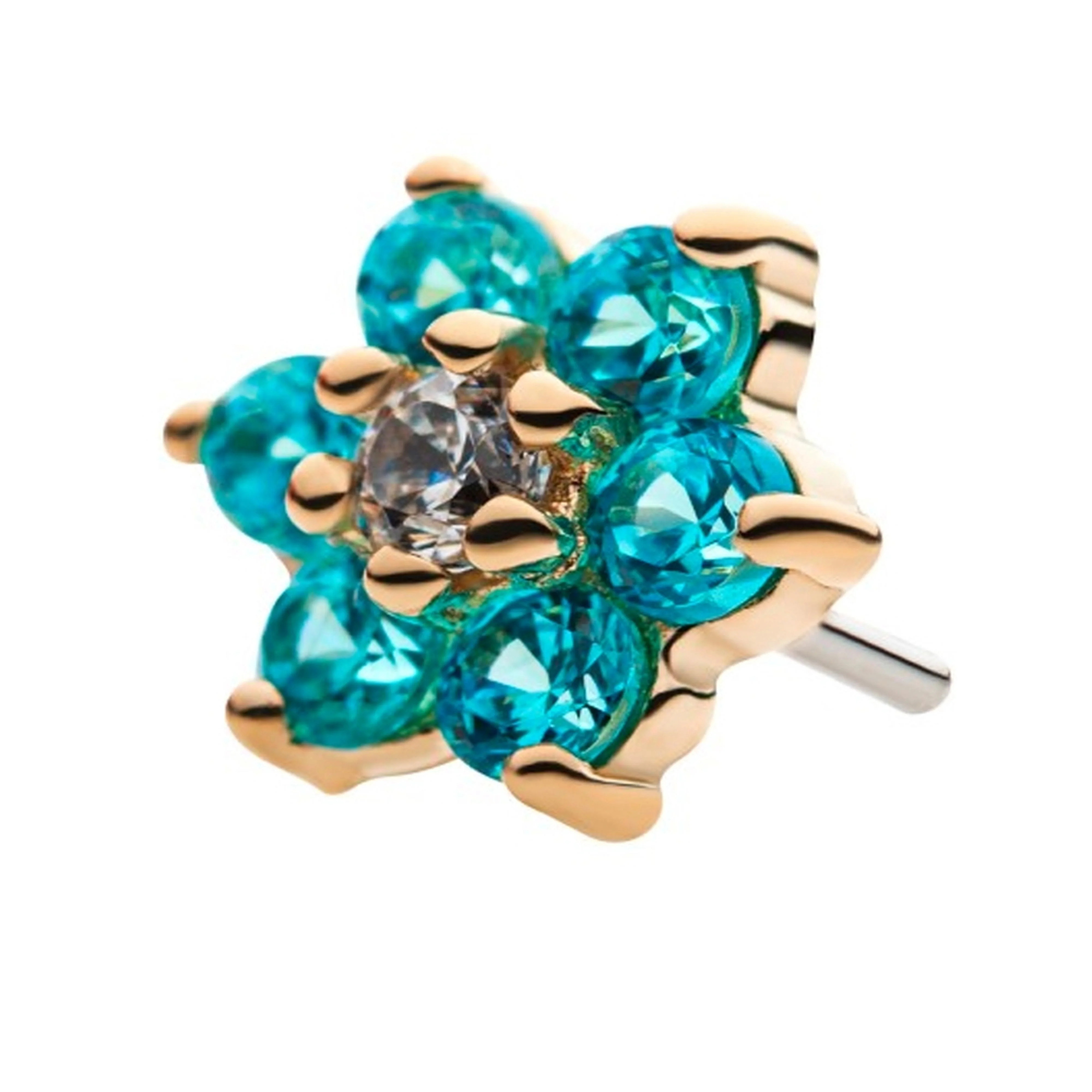 14kt Gold Aqua & Clear CZ Flower Threadless Top - Image 3