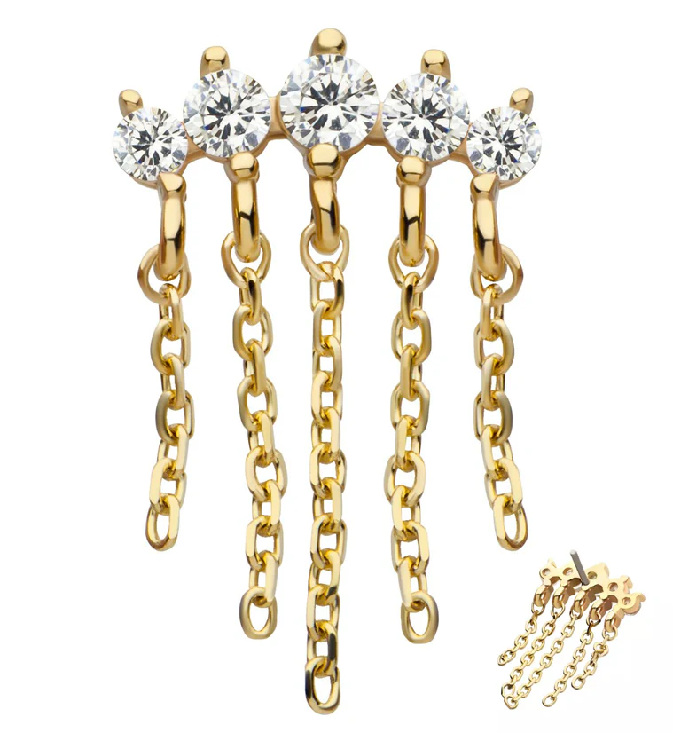 14kt Gold Arc Clear CZ Dangle Chains Threadless Top
