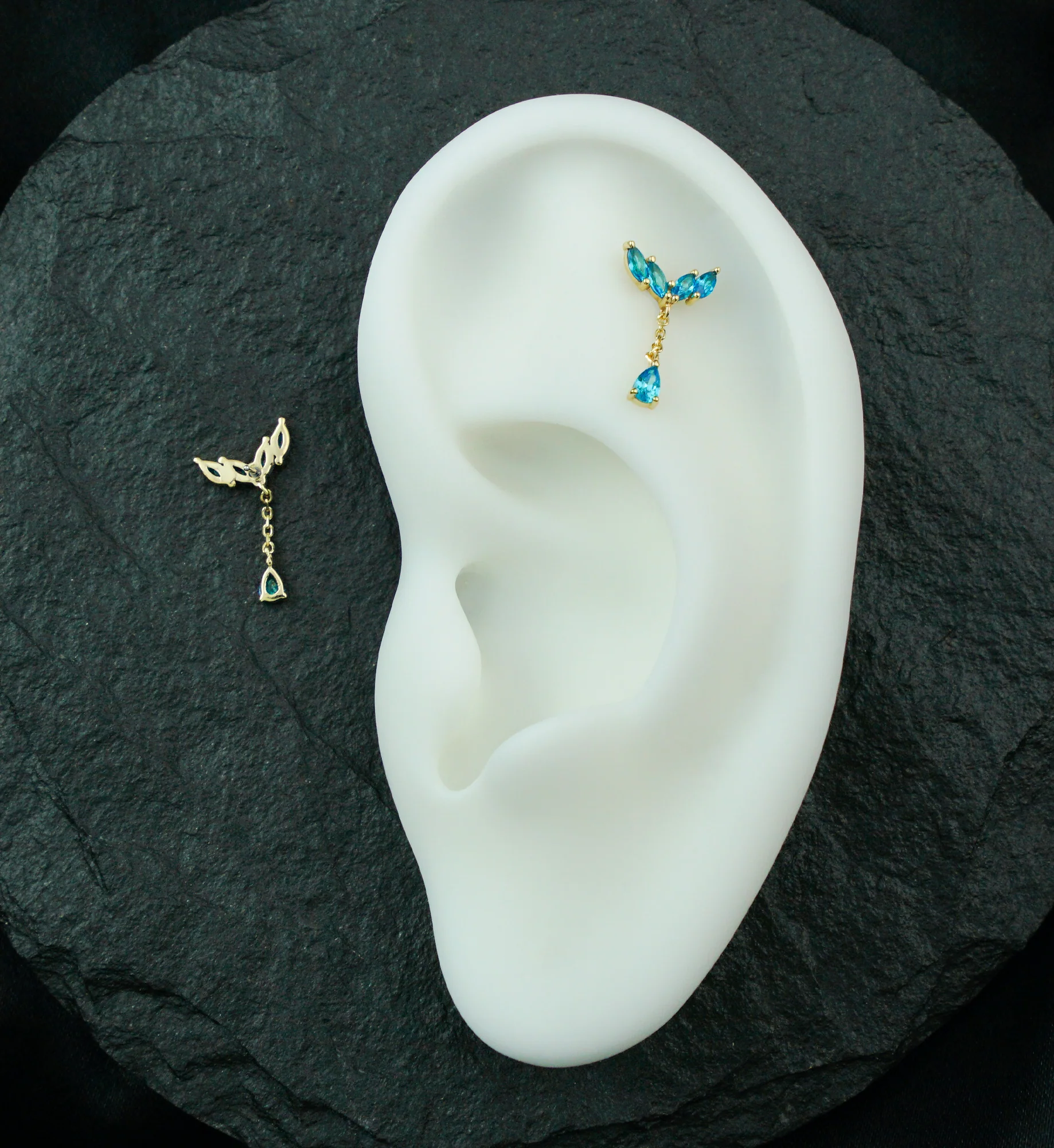 14kt Gold Arrow Marquise Blue Topaz CZ Dangle Threadless Top - Image 2