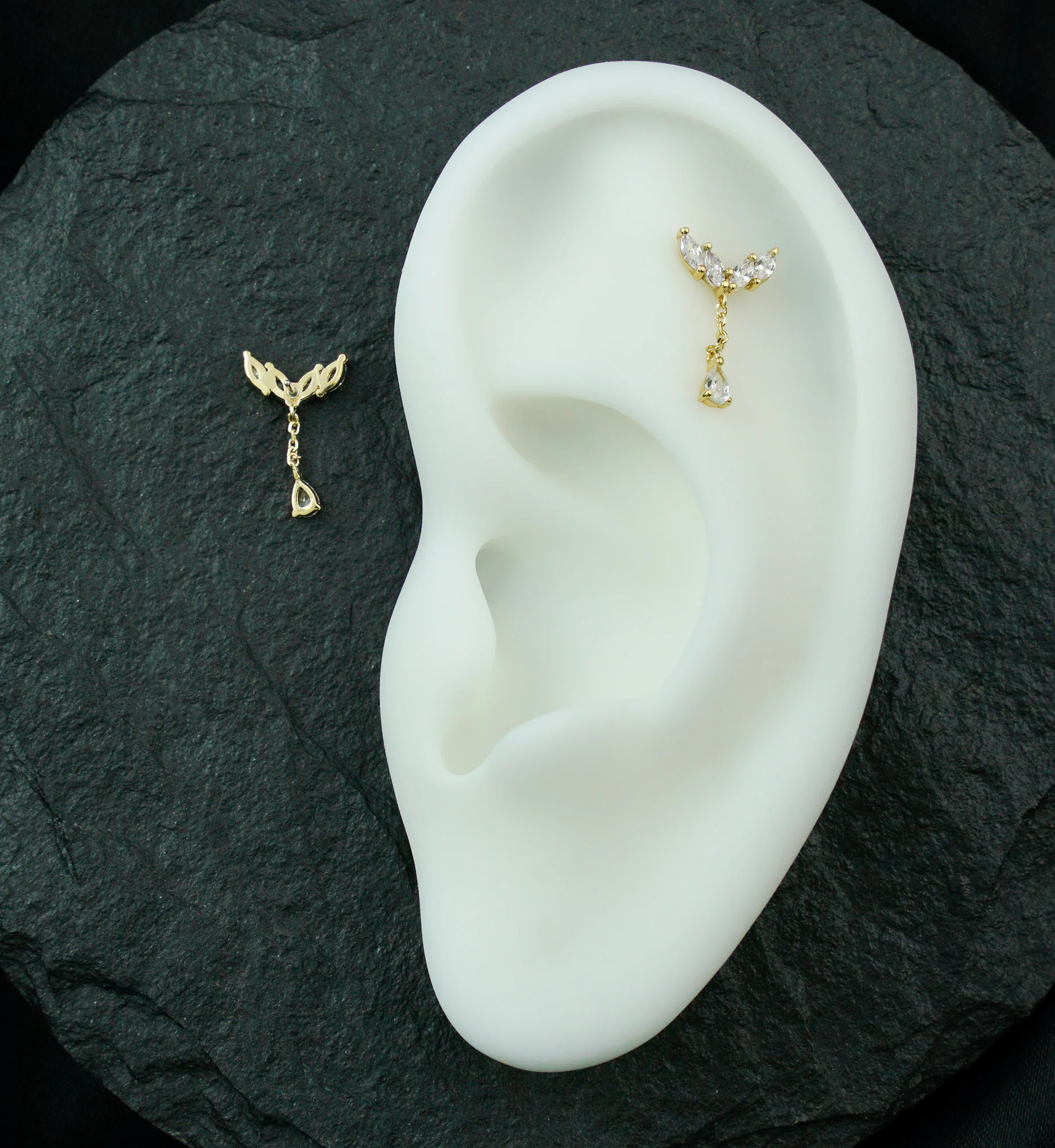14kt Gold Arrow Marquise Clear CZ Dangle Threadless Top - Image 2