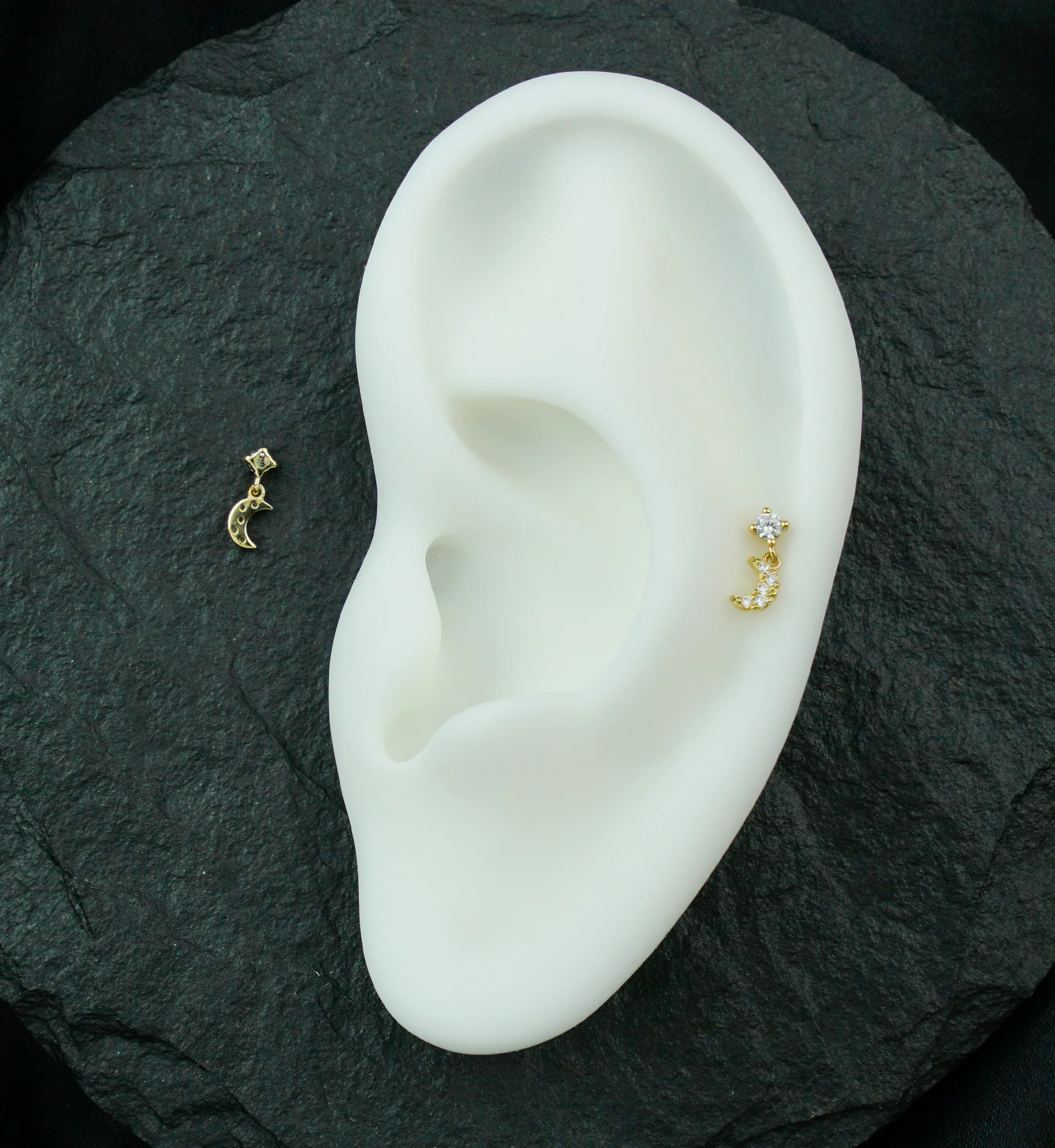 14kt Gold Beaded Half Moon Clear CZ Dangle Threadless Top - Image 2