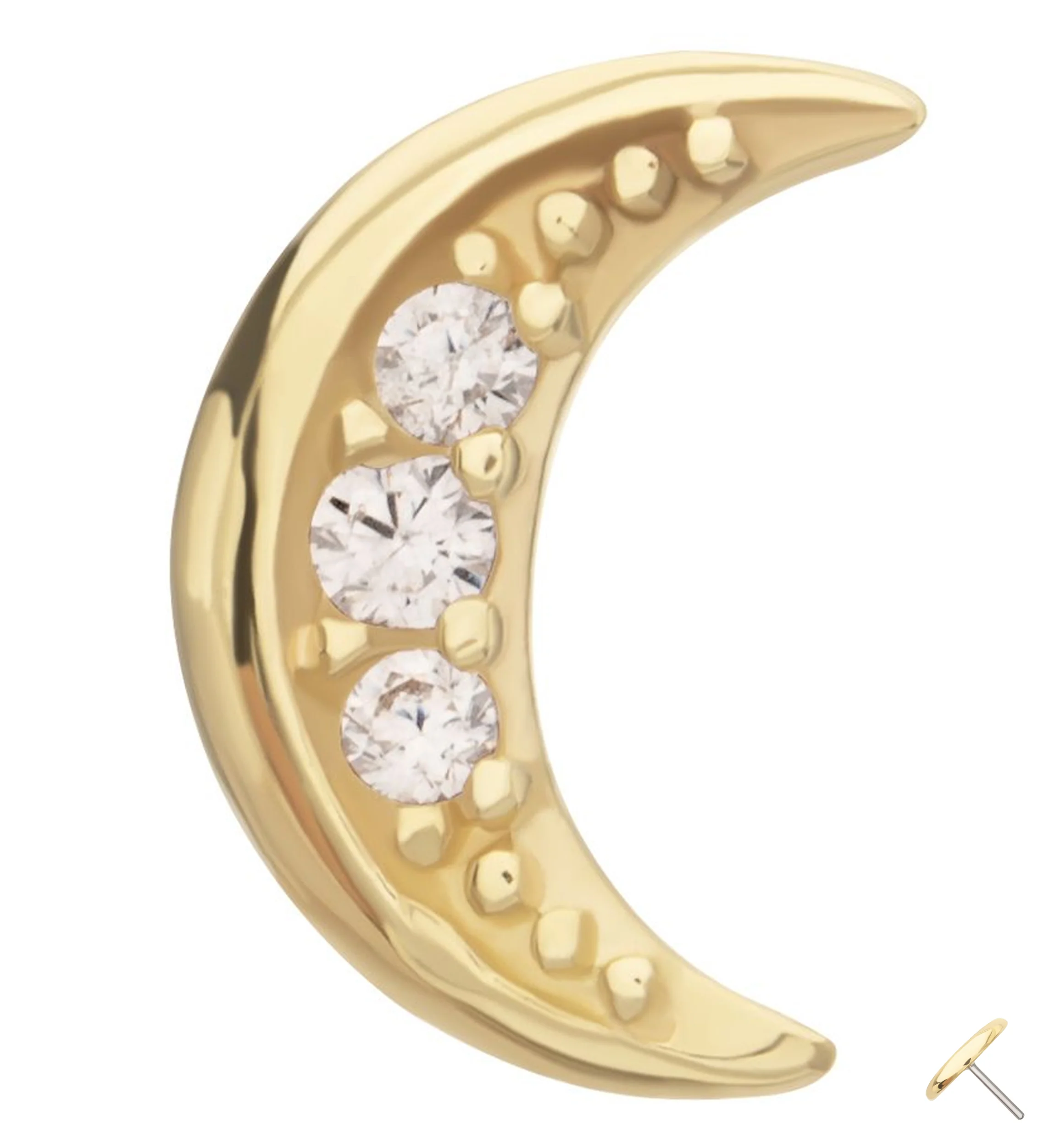 14kt Gold Beaded Crescent Moon Clear CZ Threadless Top