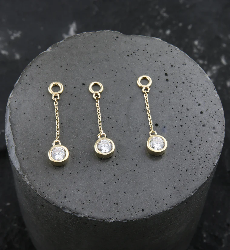14kt Gold Bezel Clear CZ Dangle Chain Charm - Image 2