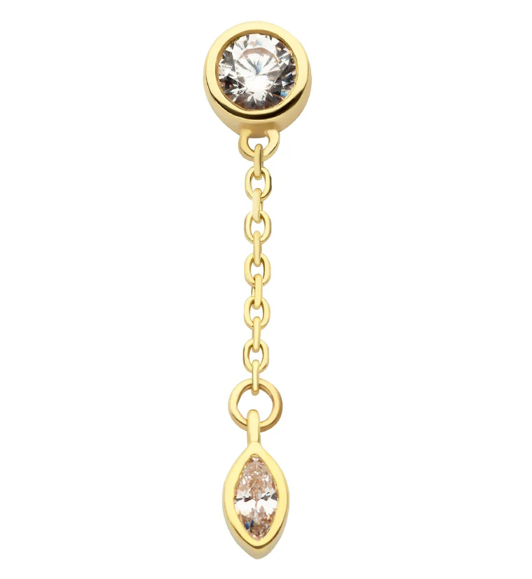 14kt Gold Bezel Marquise CZ Dangle Chain Threadless Top