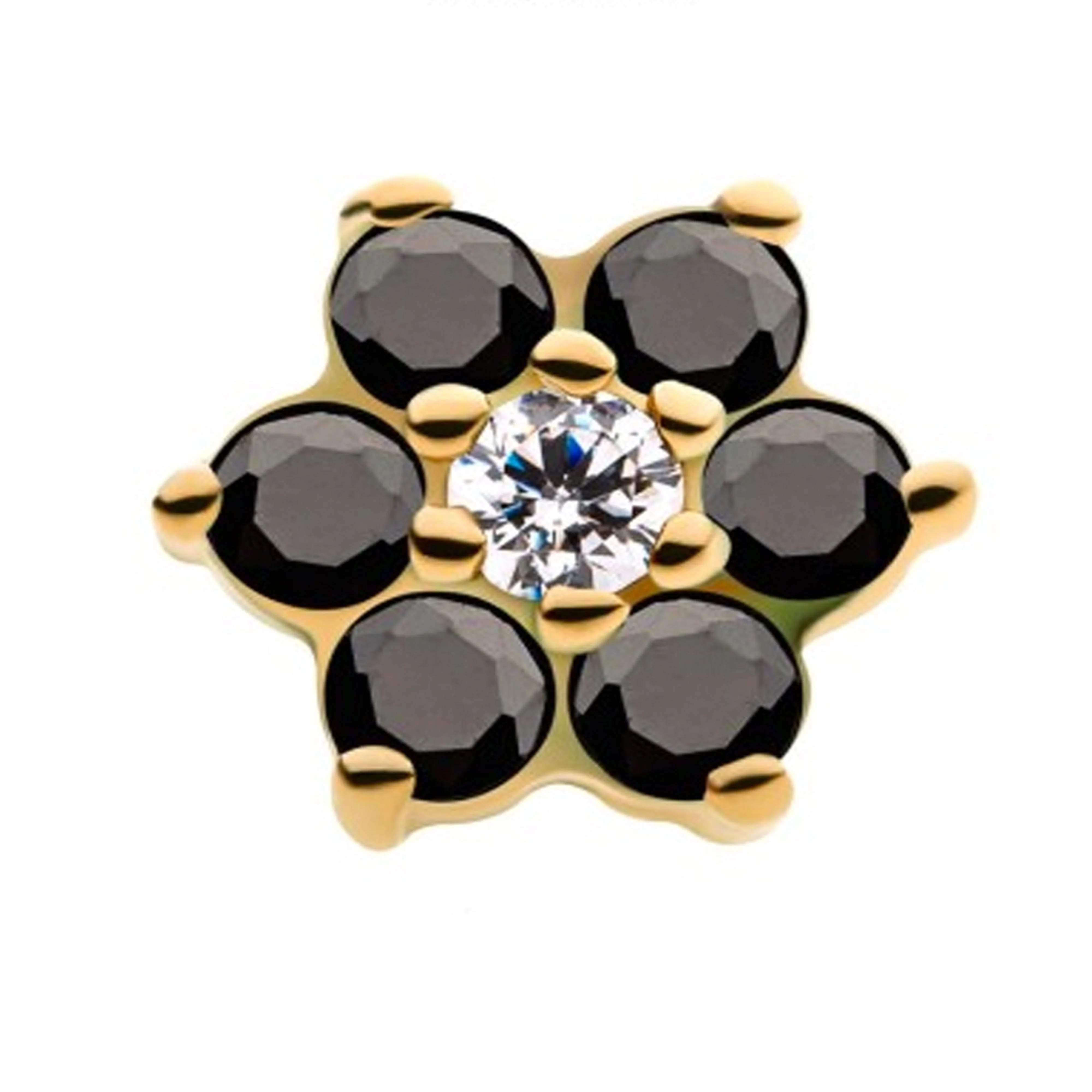 14kt Gold Black & Clear CZ Flower Threadless Top