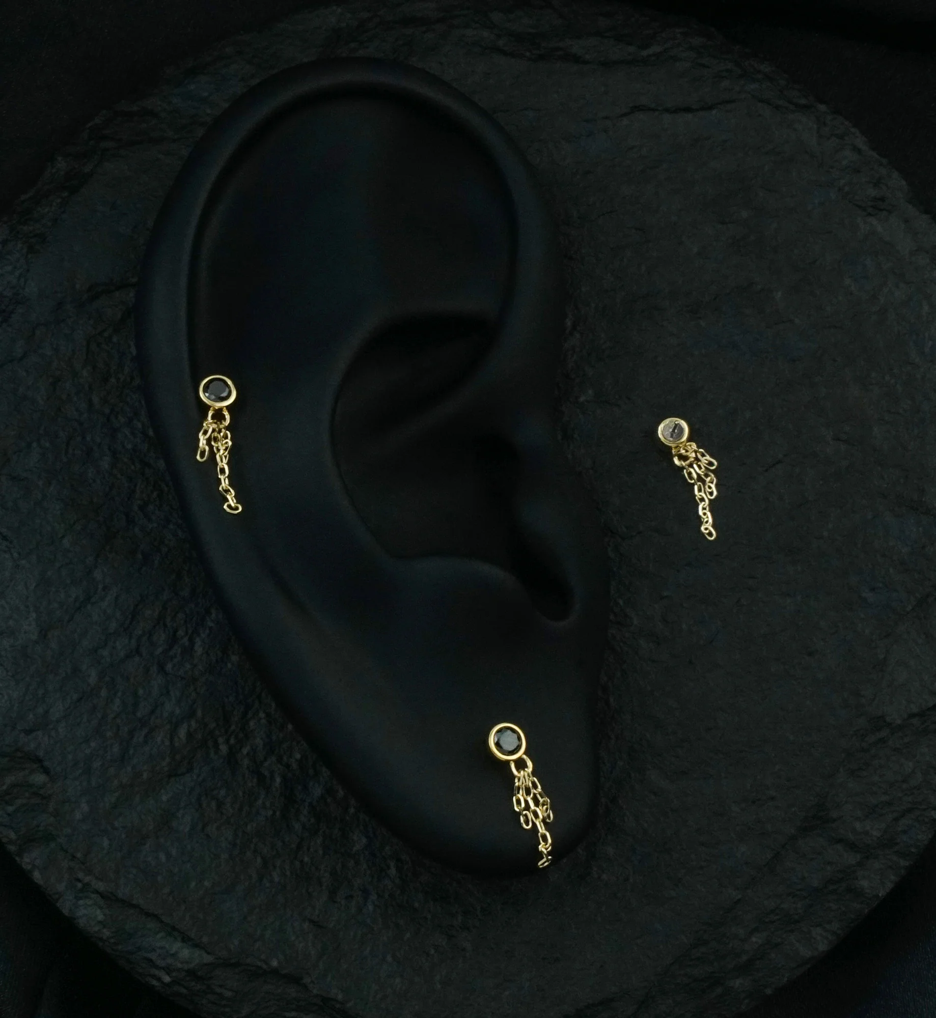 14kt Gold Black CZ Triple Dangle Chain Threadless Top - Image 2