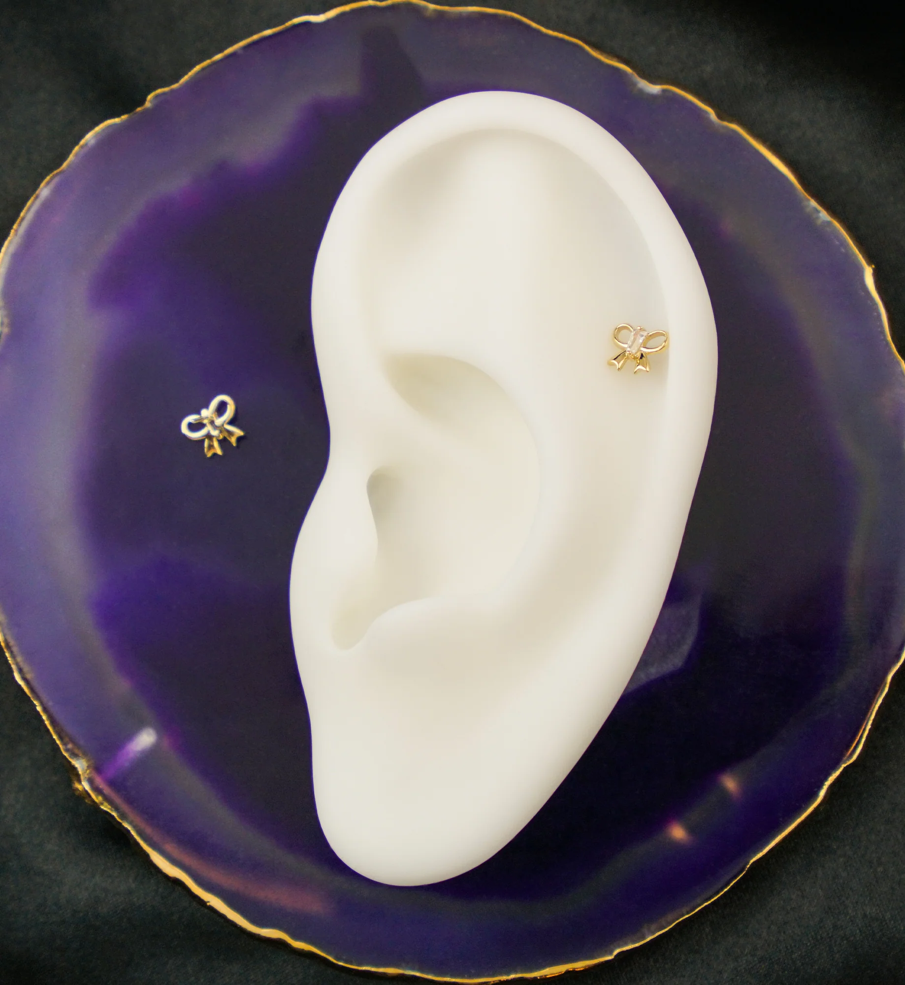14kt Gold Bow Baguette Clear CZ Threadless Top - Image 2