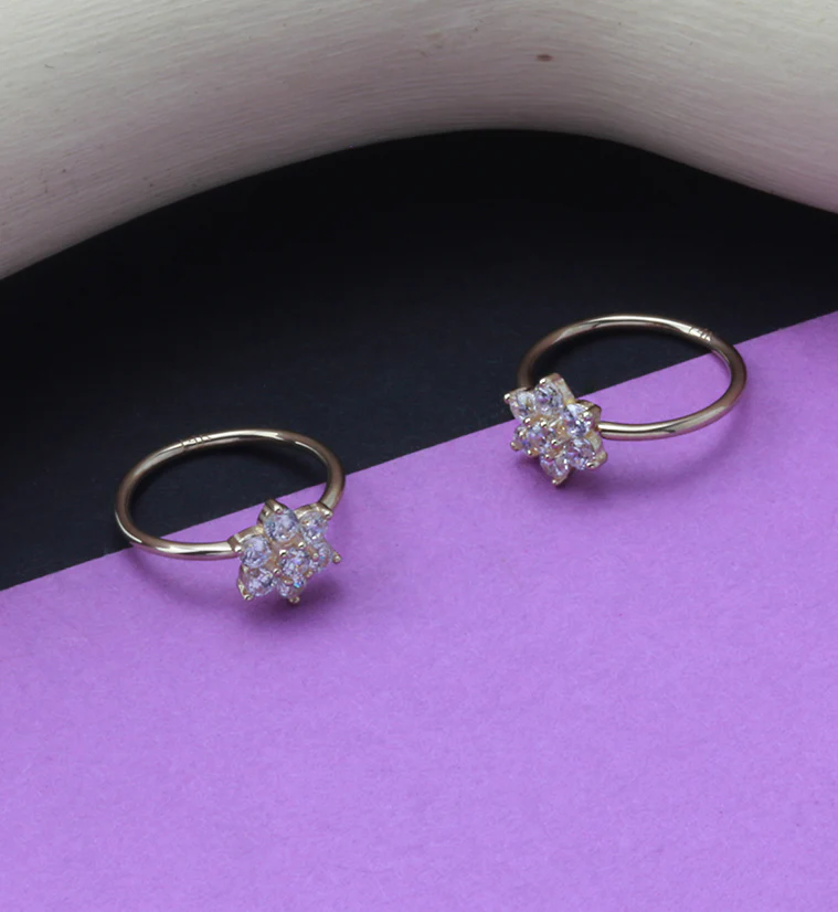 14kt Gold Clear CZ Gem Flower Hoop Ring - Image 3