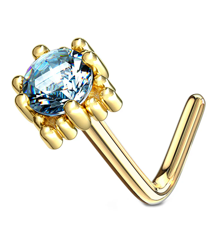 14kt Gold Crate Aqua CZ L Bend Nose Ring