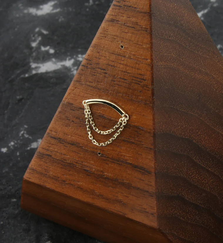 14kt Gold Curve Bar Double Dangle Chain Threadless Top - Image 2