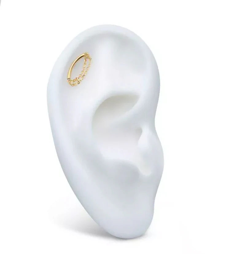 14kt Gold Curve Bar Double Dangle Chain Threadless Top - Image 3