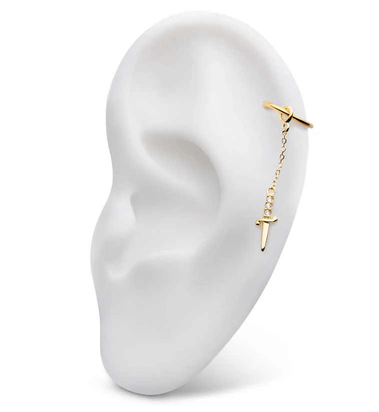 14kt Gold Dagger Clear CZ Dangle Chain Charm - Image 3