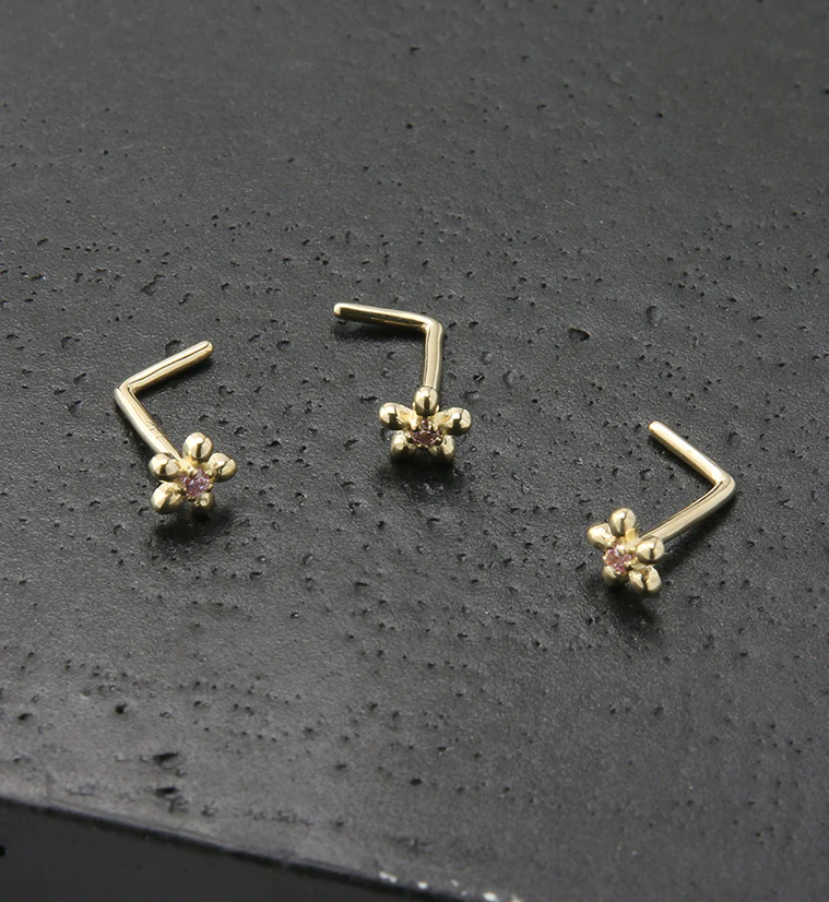 14kt Gold Daisy Pink CZ L Bend Nose Ring - Image 2