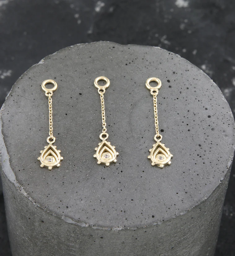 14kt Gold Dual Trace Teardrop Clear CZ Dangle Chain Charm - Image 2