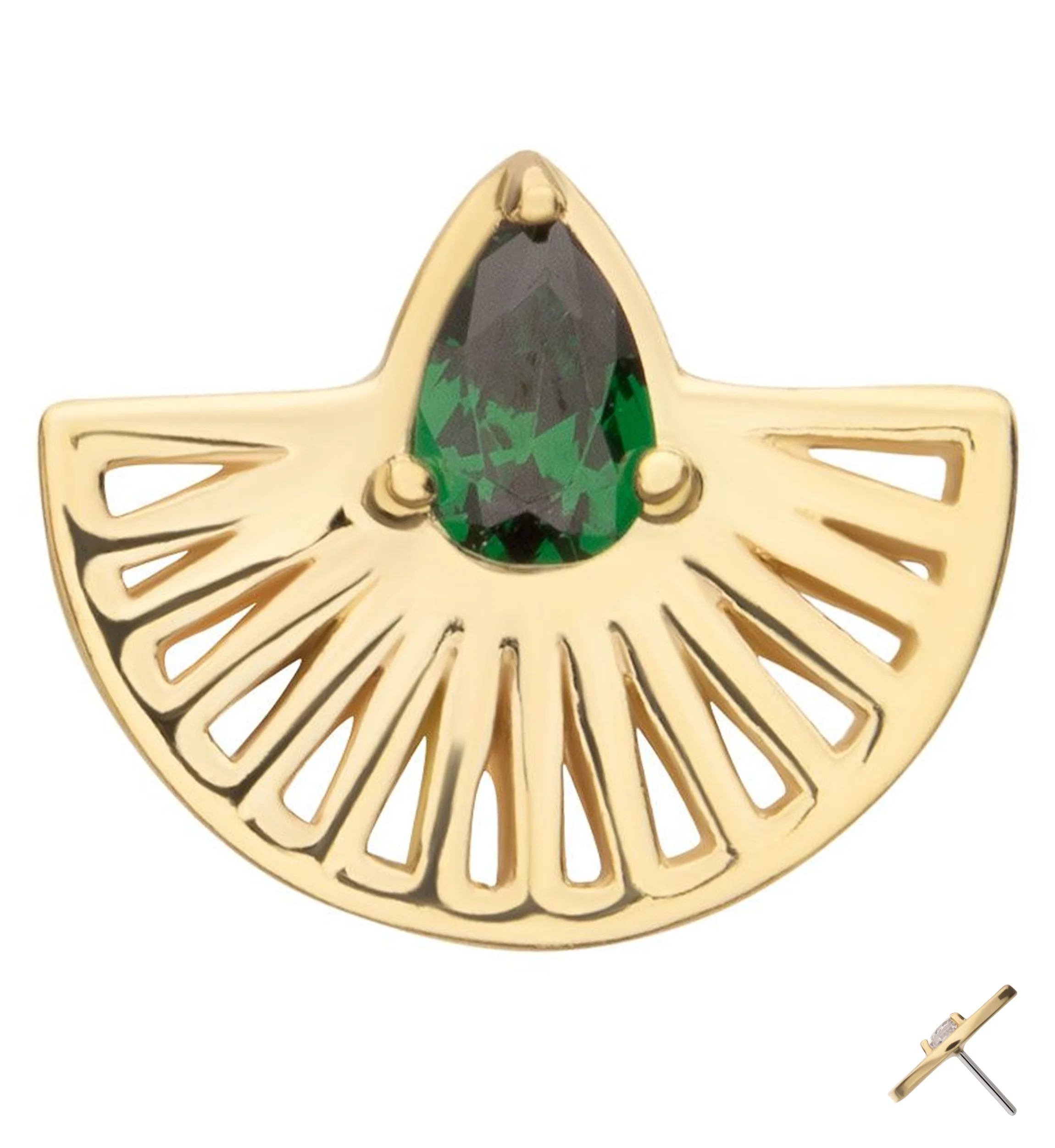 14kt Gold Empire Fan Teardrop Emerald CZ Threadless Top