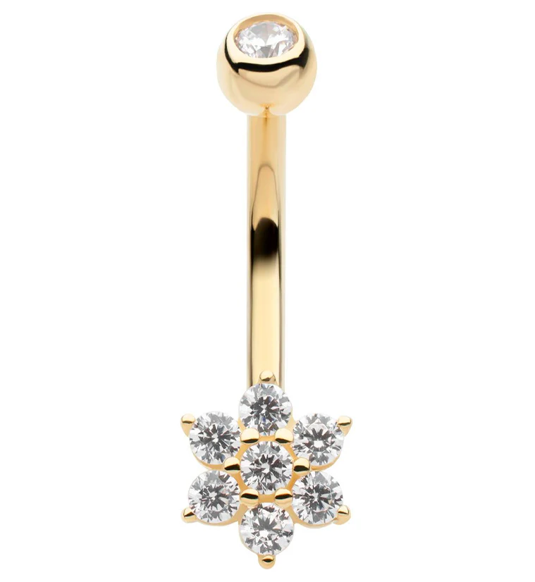 14kt Gold Flower Clear CZ Belly Button Ring