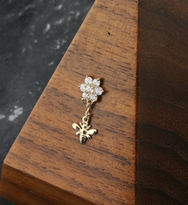 14kt Gold Flower CZ Dangle Bee Threadless Top - Image 2