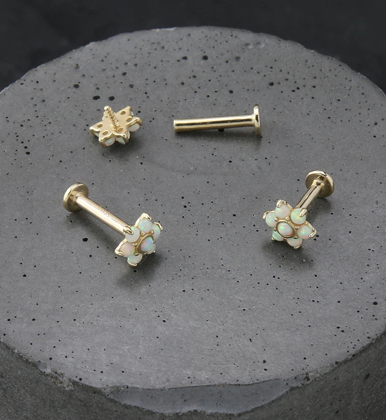 14kt Gold Flower White Opalite Internally Threaded Labret - Image 2