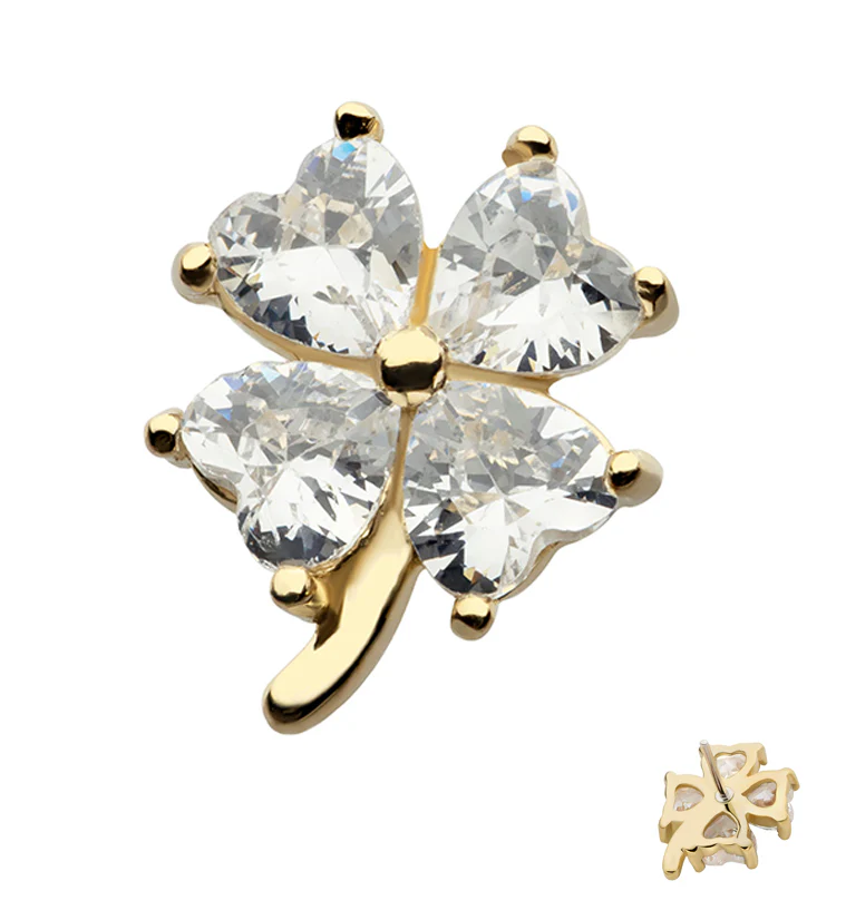 14kt Gold Four Leaf Clover Clear CZ Threadless Top