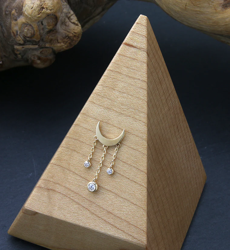 14kt Gold Crescent Moon Dangle Clear CZ Threadless Top - Image 2