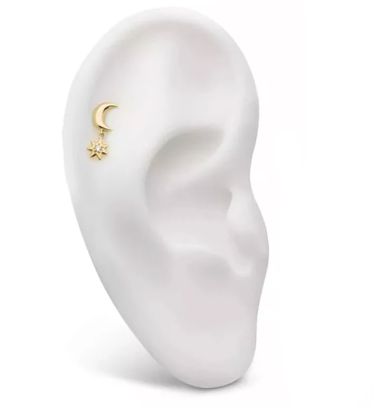 14kt Gold Half Moon Dangle CZ Star Threadless Top - Image 3