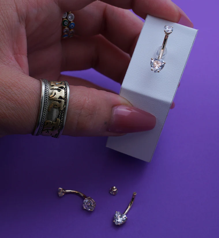 14kt Gold Heart Clear CZ Belly Button Ring - Image 3