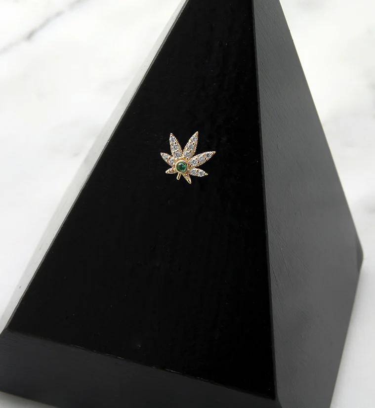 14kt Gold Hemp Leaf Emerald CZ Threadless Top - Image 2