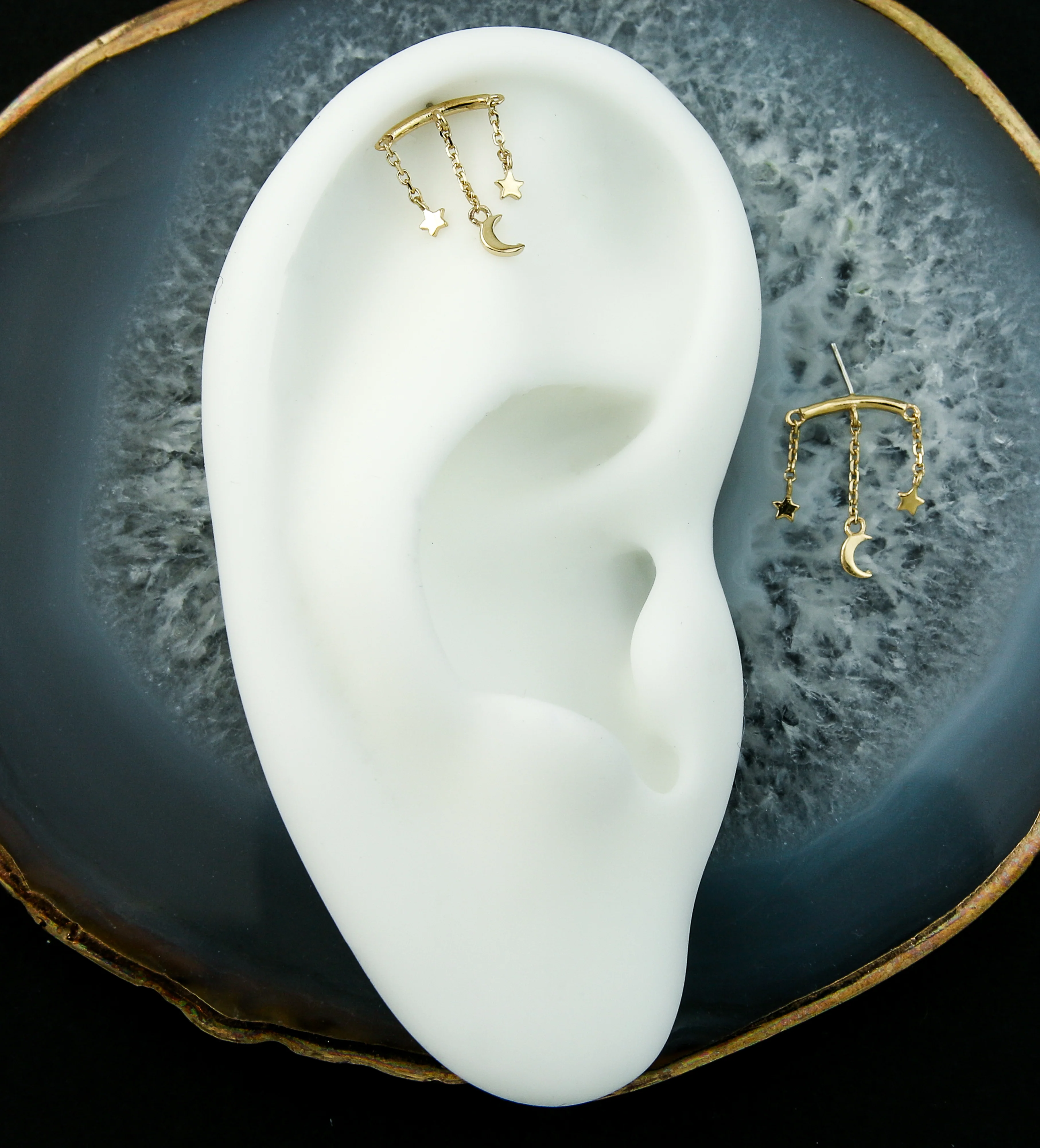 14kt Gold Hidden Curved Bar Half Moon And Stars Dangle Threadless Top - Image 2