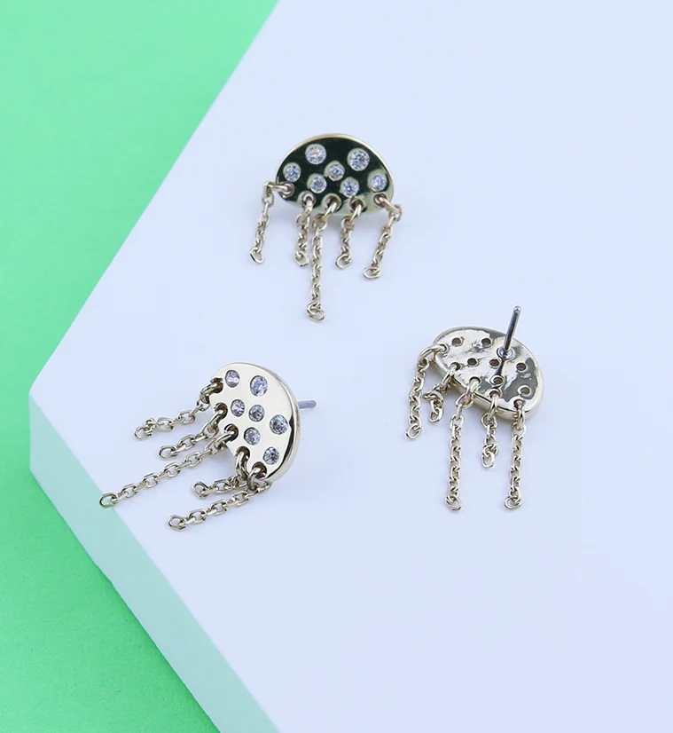 14kt Gold Jellyfish Clear CZ Dangle Chains Threadless Top - Image 2