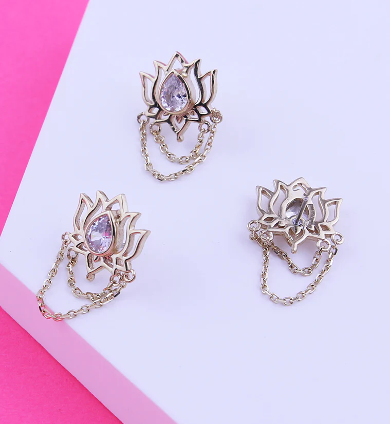 14kt Gold Lotus Clear CZ Dual Dangle Chains Threadless Top - Image 2