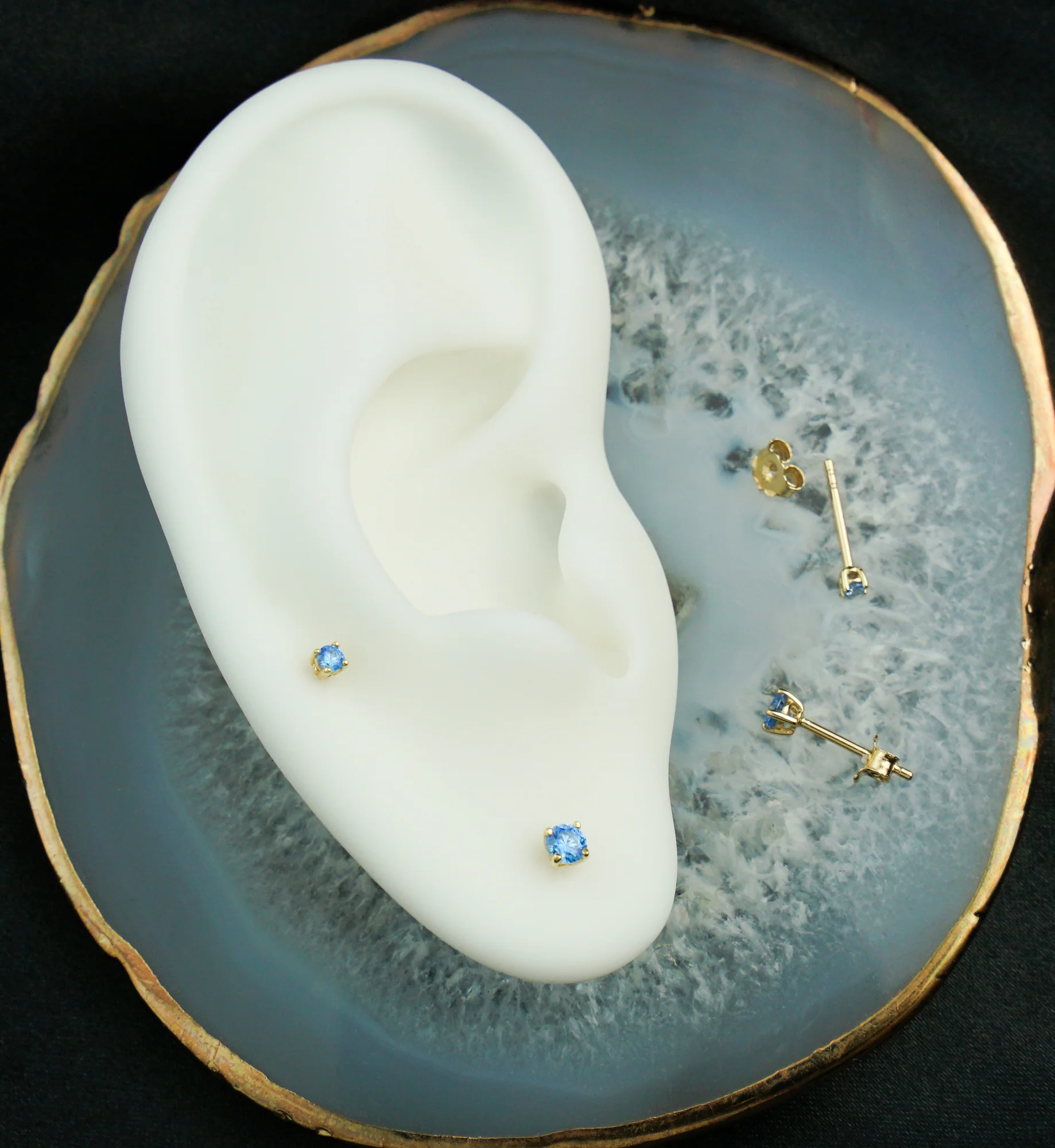 14kt Gold March Birthstone Aquamarine CZ Stud Earrings - Image 2