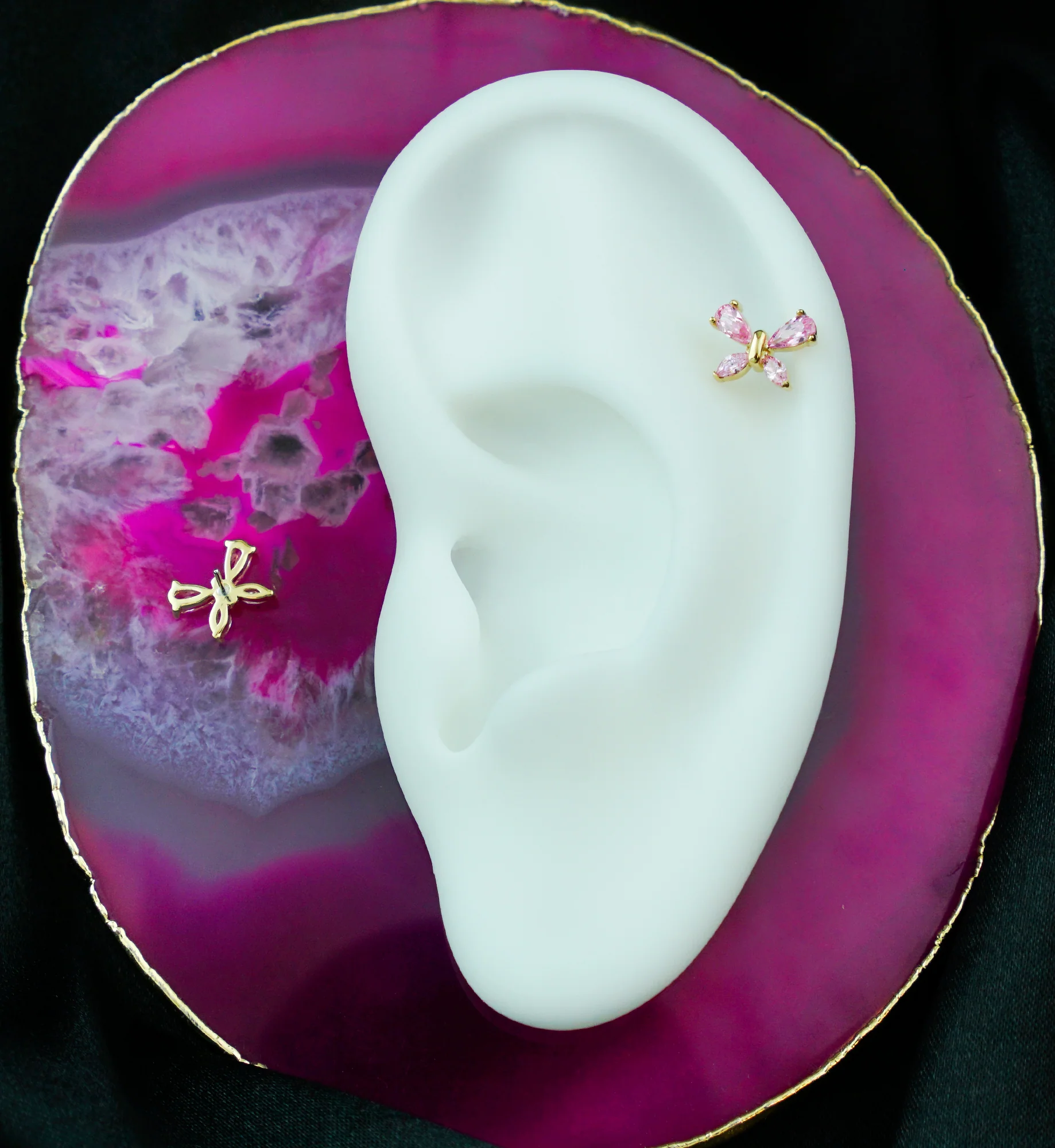 14kt Gold Marquise Butterfly Pink CZ Threadless Top - Image 2