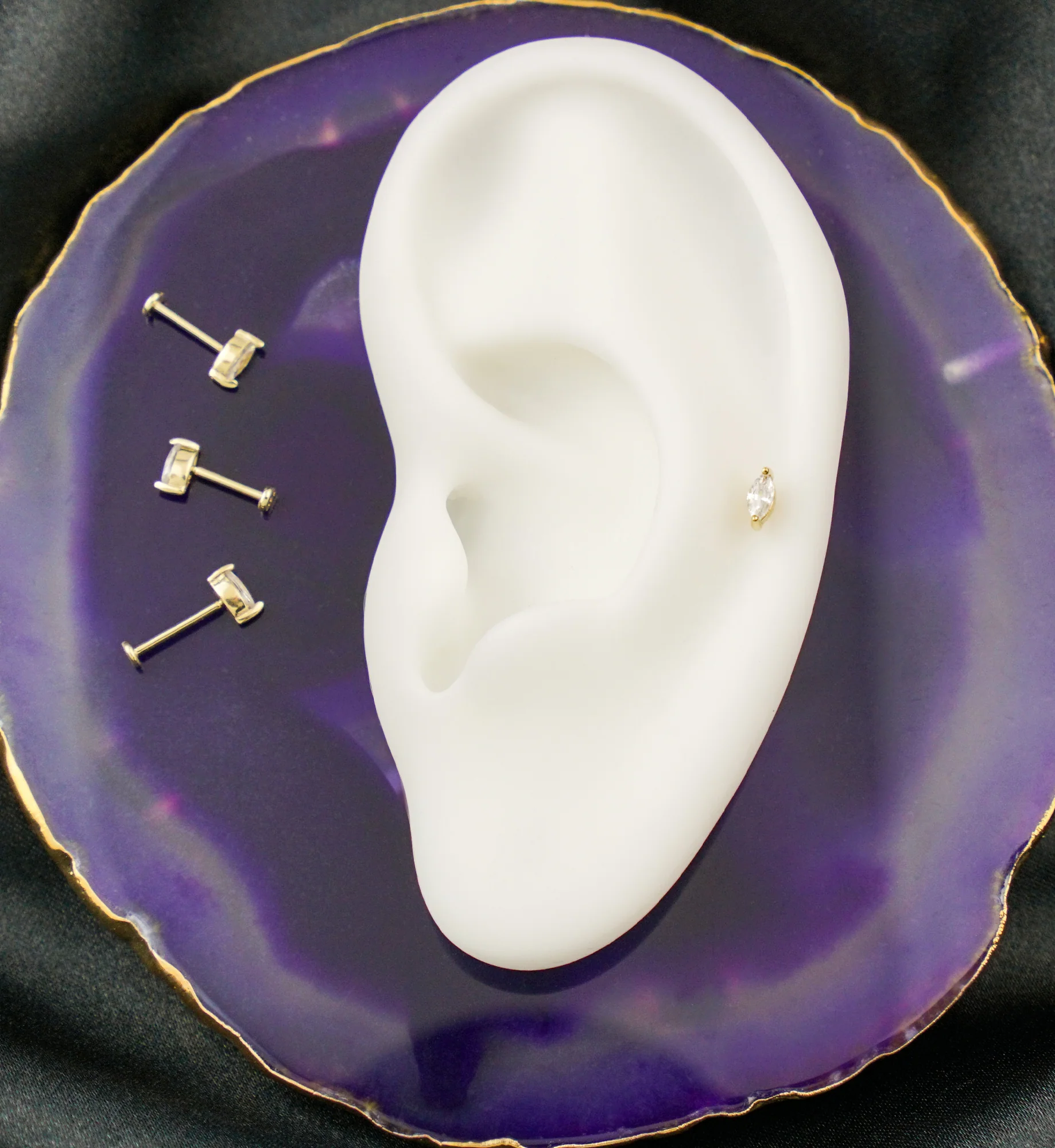 14kt Gold Marquise Clear CZ Flat Disk Threadless Labret - Image 2