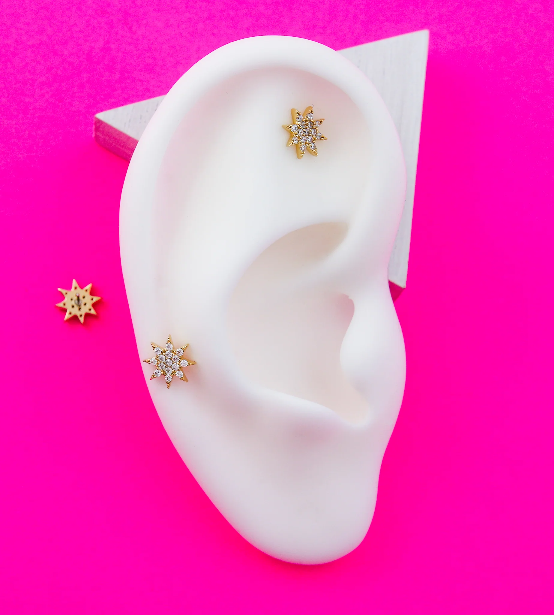 14kt Gold Octagram Star Pave CZ Threadless Top - Image 2
