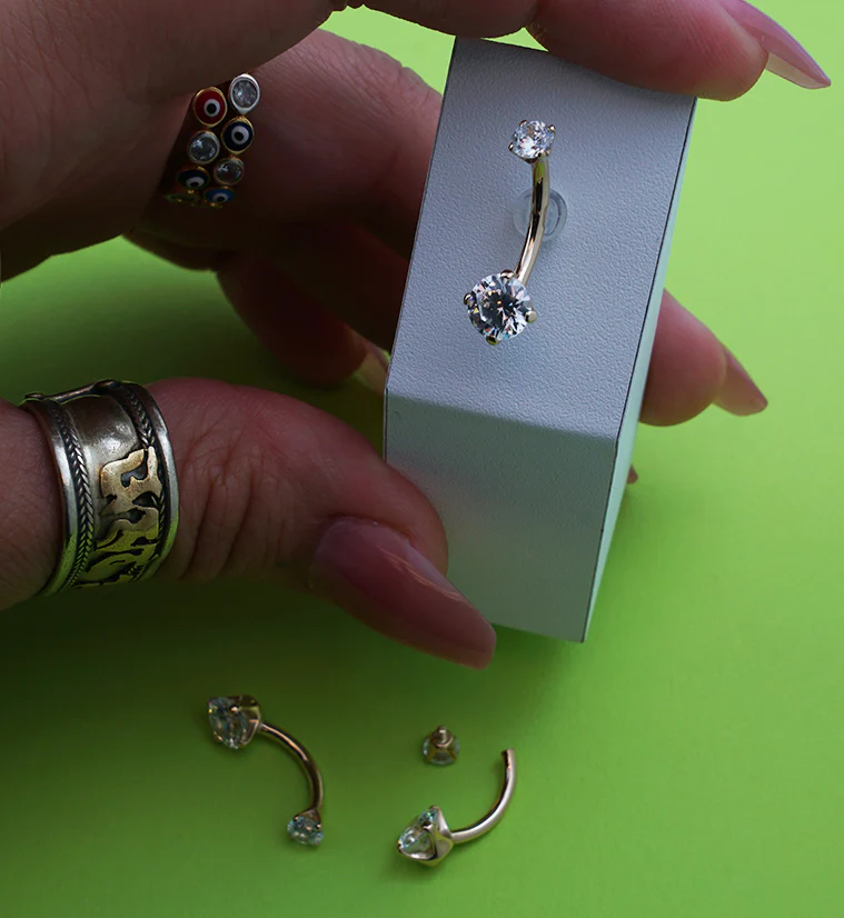 14kt Gold Prong Clear CZ Belly Button Ring - Image 3