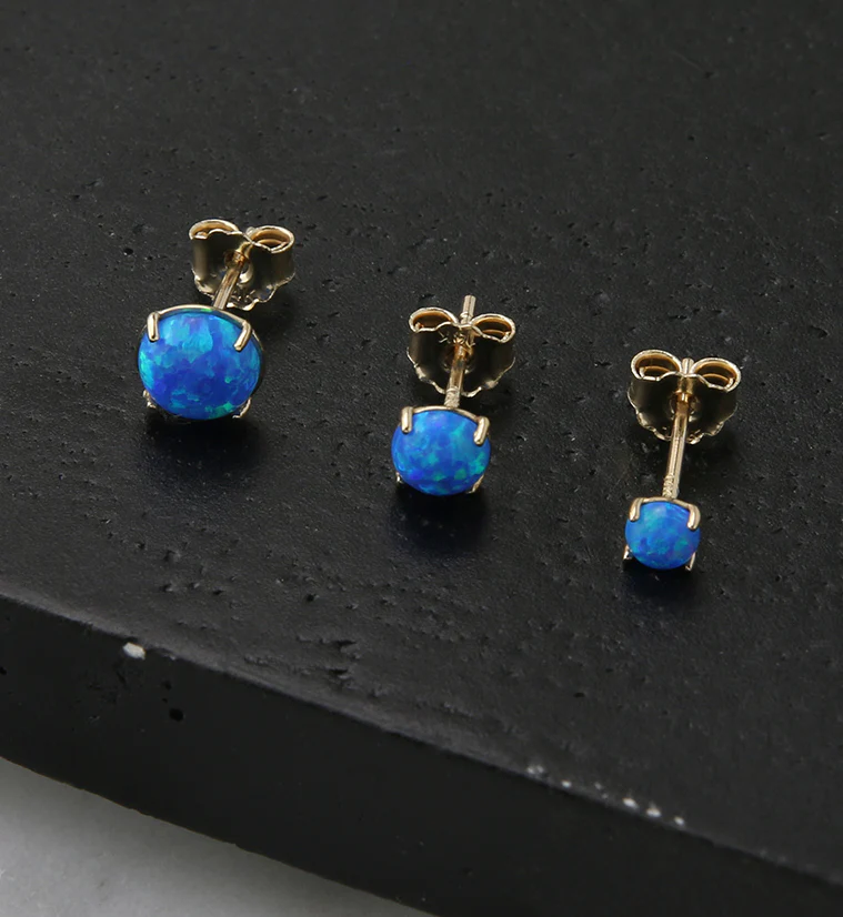 14kt Gold Prong Set Blue Opalite Earrings - Image 2