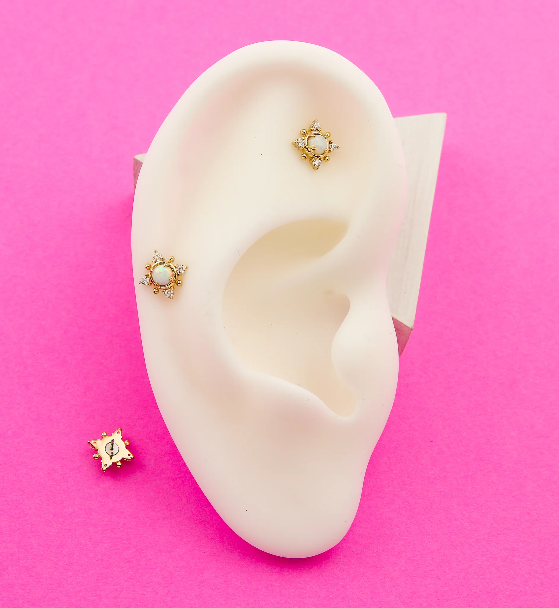 14kt Gold Quad CZ White Opalite Threadless Top - Image 2
